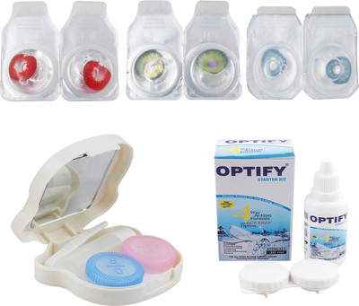 

Optify Combo Pack Monthly Color Contact Lens With Travel Kit Monthly Contact Lens(1, Red_Green_Blue, Pack of 3)