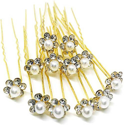 

HOC Bridal Hair Bun Pin Accessories/Fancy Golden Juda Pins with Pearl for Women and Girls - Set of 12 Hair Accessory Set(Gold)