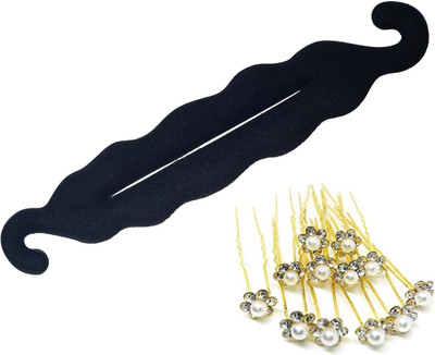 

HOC Hair 1 Donut Bun Maker with golden rhinestone stone pearl juda pin-12(combo) Hair Accessory DIY Styling Tool Hair Accessory Set(Gold, Black)