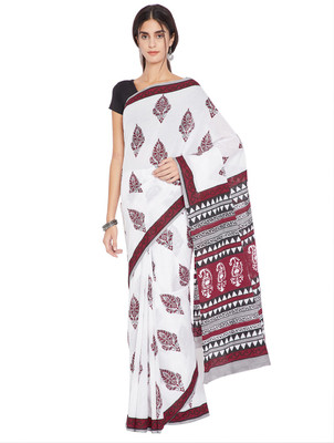 Kalakari India Printed Handloom Pure Cotton Saree(White)