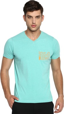 BASICS Typography Men V Neck Green T-Shirt