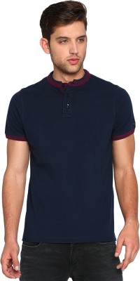 BASICS Solid Men Henley Neck Dark Blue T-Shirt