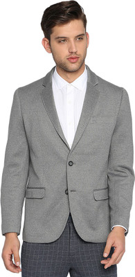 BASICS Solid Single Breasted Casual Men Blazer(Grey)
