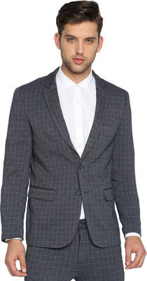 BASICS Checkered Single Breasted Casual Men Blazer(Dark Blue)