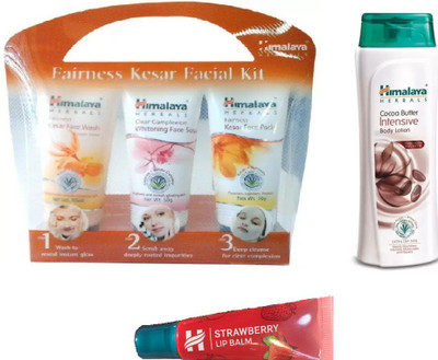 

Himalaya kesar fairness facail kit, strawberry lip balm, coca butter lip balm(Set of 3)