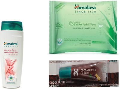 

Himalaya Intensive Face Moisturizing Lotion, Aloe Vera Facial Wipes, Cocoa Butter Lip Balm(Set of 3)