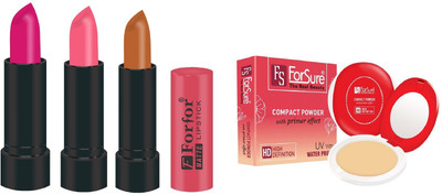 

Forsure Compact Powder with Primer Effect and pack of 3 Matte Lipstick (Colour - Pink, Baby Pink, Cream Brown)(Set of 2)