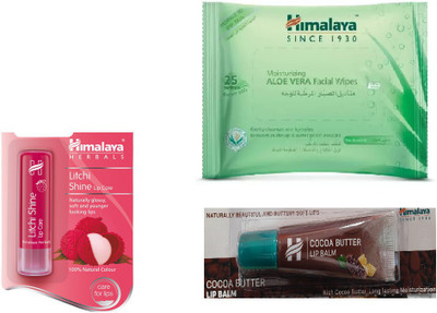 

Himalaya Litchi Shine Lip Care, Aloe Vera Facial Wipes, Cocoa Butter Lip Balm(Set of 3)