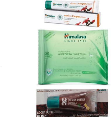 

Himalaya Pimple Cream, Aloe Vera Facial Wipes, Cocoa Butter Lip Balm(Set of 3)