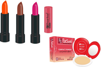 

Forsure Compact Powder with Primer Effect and pack of 3 Matte Lipstick (Colour - Orange, Brown, Pink)(Set of 2)