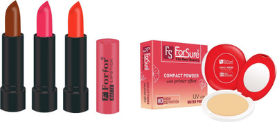 

Forsure Compact Powder with Primer Effect and pack of 3 Matte Lipstick (Colour - Light Pink, Orange, Chocolate Brown)(Set of 2)