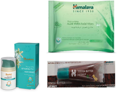 

Himalaya Youth Eternity Night Cream, Aloe Vera Facial Wipes, Cocoa Butter Lip Balm(Set of 3)