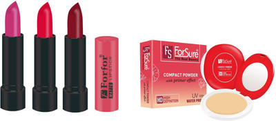 

Forsure Compact Powder with Primer Effect and pack of 3 Matte Lipstick (Colour - Dark Pink, Mahroon, Pink)(Set of 2)