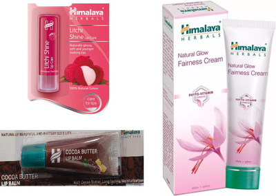 

Himalaya Litchi Shine Lip Care, Cocoa Butter Lip Balm, Natural Glow Fairness Cream(Set of 3)