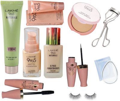 

Ultimate silicon puff, Lakme 9to5 Naturale and matte foundation, CC cream, weightless mousse foundation, waterproof eyeliner and mascara, primer matte powder foundation with eyelashes and eyelashes curler(Set of 10)