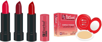 

Forsure Compact Powder with Primer Effect and pack of 3 Matte Lipstick (Colour - Dark Pink, Mahroon, Red)(Set of 2)