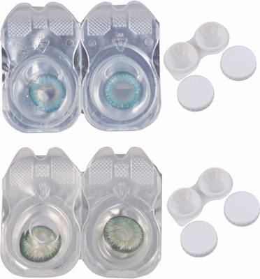 Vision-Plus 2 Pair Blue & Green Color Zero Power Monthly Contact Lens With 2 Case Monthly Contact Lens(0, Blue, Green, Pack of 2)