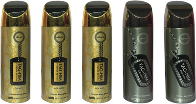 

Armaf 3 TAG-HIM GOLD AND 2 TAG-HIM SILVER (PACK OF 5) Body Spray - For Men(200 ml, Pack of 5)