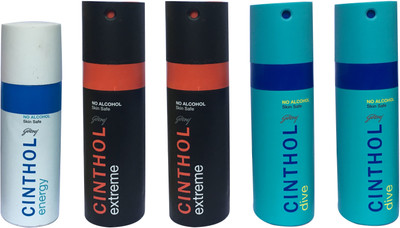 

CINTHOL 1 ENERGY,2 EXTREME ,2 DIVE (PACK OF 5) Body Spray - For Men & Women(150 ml, Pack of 5)