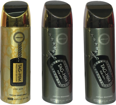 

Armaf 1 TAG-HIM GOLD AND 2 TAG-HIM SILVER (PACK OF 3) Body Spray - For Men(200 ml, Pack of 3)