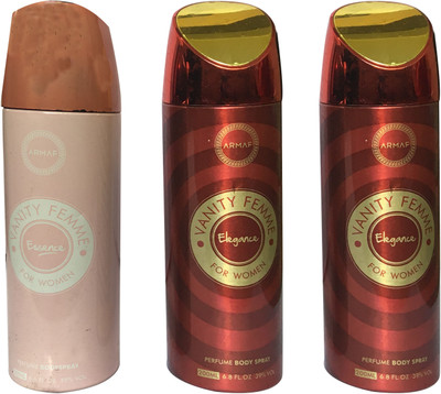 

Armaf VANITY FEMME 2 ELEGANCE AND 1 ESSENCE (PACK OF 3) Body Spray - For Women(200 ml, Pack of 3)