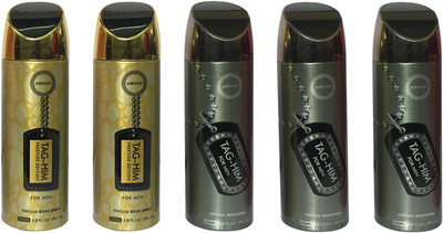 

Armaf 2 TAG-HIM GOLD AND 3 TAG-HIM SILVER (PACK OF 5) Body Spray - For Men(200 ml, Pack of 5)