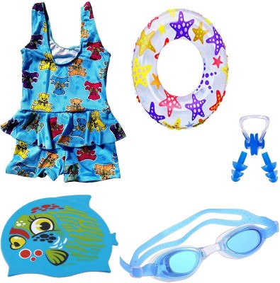 ArrowMax HIGH QUALITY Baby Girls BLUE SWIMMING COSTUME (6-7 Years) GOGGLES Cartoon CAP 2 EARPLUG NOSE CLIP SWIMSUIT with Swim Ring Swimming Kit