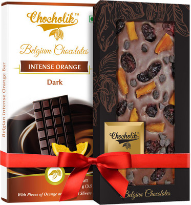 

Chocholik Gift - 54% Dark Intense Orange Bar And 35% Milk, Cranberry, Mango Chocochip Belgium Chocolate Bar (100 gm x 2 Bars) Bars(Pack of 2, 100 g)