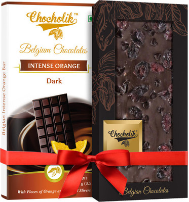 

Chocholik Gift - 54% Dark Intense Orange Bar And 70% Dark Cranberry With Chocochip Belgium Chocolate Bar (100 gm x 2 Bars) Bars(Pack of 2, 100 g)