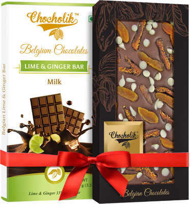 

Chocholik Gift - Milk, Lime & Ginger Bar And 35% Milk Apricot, Fig With Choco Chips Belgium Chocolate Bar (100 gm x 2 Bars) Bars(Pack of 2, 100 g)