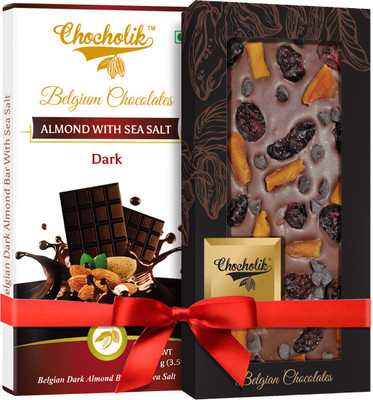 

Chocholik Gift - 54% Dark Almond Bar With Sea Salt And 35% Milk, Cranberry, Mango Chocochip Belgium Chocolate Bar (100 gm x 2 Bars) Bars(Pack of 2, 100 g)