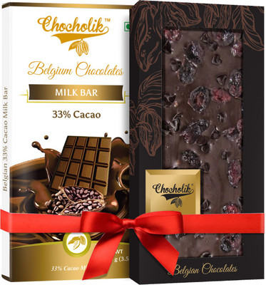 

Chocholik Gift - 33% Cacao Milk Bar And 70% Dark Cranberry With Chocochip Belgium Chocolate Bar (100 gm x 2 Bars) Bars(Pack of 2, 100 g)