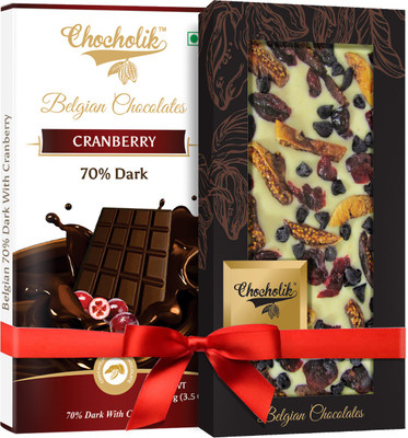 

Chocholik Gift - 70% Dark Cranberry Bar And Cranberry, Fig White Chocolate Belgium Chocolate Bar (100 gm x 2 Bars) Bars(Pack of 2, 100 g)