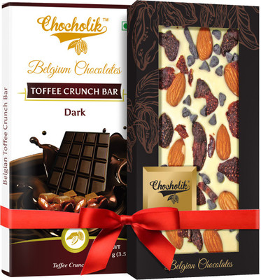 

Chocholik Gift - 54% Dark Chocolate Toffee Crunch Bar And Strawberry, Almond With Choco Chips Belgium Chocolate Bar (100 gm x 2 Bars) Bars(Pack of 2, 100 g)