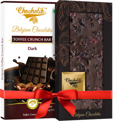 

Chocholik Gift - 54% Dark Chocolate Toffee Crunch Bar And 70% Dark Cranberry With Chocochip Belgium Chocolate Bar (100 gm x 2 Bars) Bars(Pack of 2, 100 g)