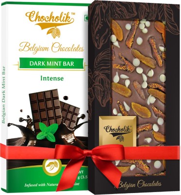 

Chocholik Gift - 54% Intense Dark Mint Bar And 35% Milk Apricot, Fig With Choco Chips Belgium Chocolate Bar (100 gm x 2 Bars) Bars(Pack of 2, 100 g)