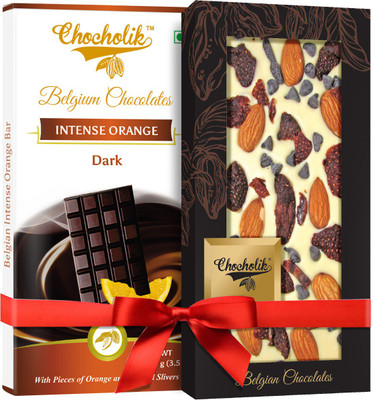 

Chocholik Gift - 54% Dark Intense Orange Bar And Strawberry, Almond With Choco Chips Belgium Chocolate Bar (100 gm x 2 Bars) Bars(Pack of 2, 100 g)