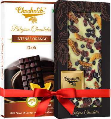 

Chocholik Gift - 54% Dark Intense Orange Bar And Cranberry, Fig White Chocolate Belgium Chocolate Bar (100 gm x 2 Bars) Bars(Pack of 2, 100 g)