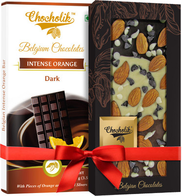 

Chocholik Gift - 54% Dark Intense Orange Bar And Almond Choco Belgium Chocolate Bar (100 gm x 2 Bars) Bars(Pack of 2, 100 g)