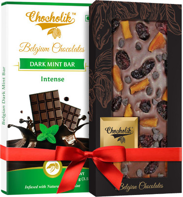 

Chocholik Gift - 54% Intense Dark Mint Bar And 35% Milk, Cranberry, Mango Chocochip Belgium Chocolate Bar (100 gm x 2 Bars) Bars(Pack of 2, 100 g)