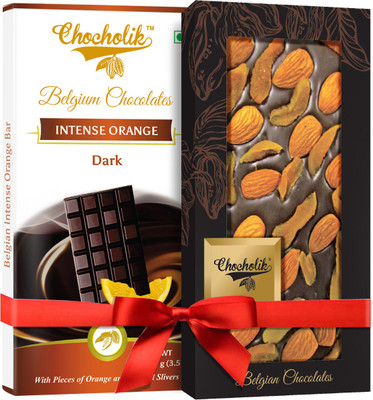 

Chocholik Gift - 54% Dark Intense Orange Bar And 70% Dark Apricot, Almond Belgium Chocolate Bar (100 gm x 2 Bars) Bars(Pack of 2, 100 g)
