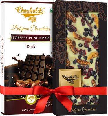 

Chocholik Gift - 54% Dark Chocolate Toffee Crunch Bar And Cranberry, Fig White Chocolate Belgium Chocolate Bar (100 gm x 2 Bars) Bars(Pack of 2, 100 g)