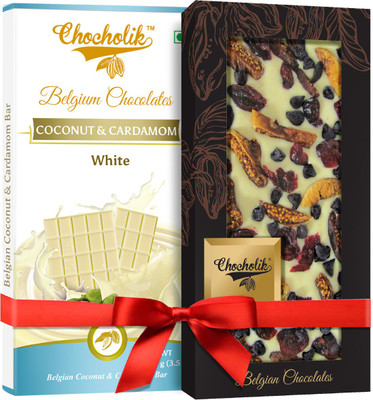 

Chocholik Gift - White Coconut, Cardamom Bar And Cranberry, Fig White Chocolate Belgium Chocolate Bar (100 gm x 2 Bars) Bars(Pack of 2, 100 g)