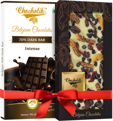 

Chocholik Gift - Intense 70% Dark Bar And Cranberry, Fig White Chocolate Belgium Chocolate Bar (100 gm x 2 Bars) Bars(Pack of 2, 100 g)
