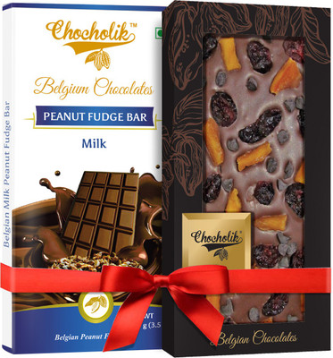

Chocholik Gift - 32% Milk Peanut Fudge Bar And 35% Milk, Cranberry, Mango Chocochip Belgium Chocolate Bar (100 gm x 2 Bars) Bars(Pack of 2, 100 g)