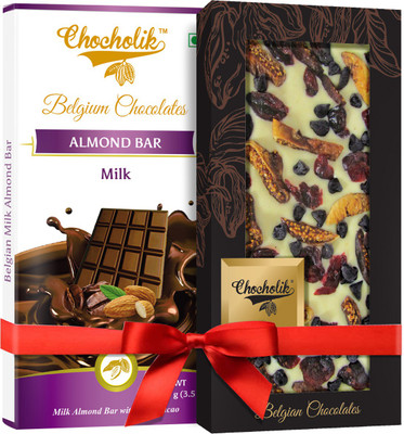 

Chocholik Gift - 32% Milk Almond Bar And Cranberry, Fig White Chocolate Belgium Chocolate Bar (100 gm x 2 Bars) Bars(Pack of 2, 100 g)