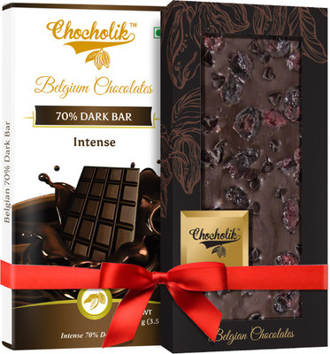

Chocholik Gift - Intense 70% Dark Bar And 70% Dark Cranberry With Chocochip Belgium Chocolate Bar (100 gm x 2 Bars) Bars(Pack of 2, 100 g)