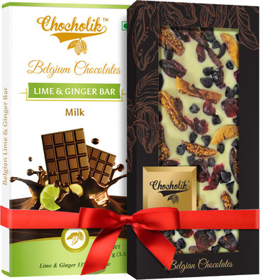 

Chocholik Gift - Milk, Lime & Ginger Bar And Cranberry, Fig White Chocolate Belgium Chocolate Bar (100 gm x 2 Bars) Bars(Pack of 2, 100 g)