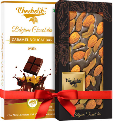 

Chocholik Gift - 32% Milk Caramel Nougat Bar And 70% Dark Apricot, Almond Belgium Chocolate Bar (100 gm x 2 Bars) Bars(Pack of 2, 100 g)