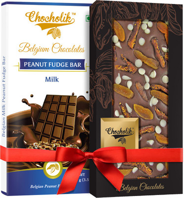 

Chocholik Gift - 32% Milk Peanut Fudge Bar And 35% Milk Apricot, Fig With Choco Chips Belgium Chocolate Bar (100 gm x 2 Bars) Bars(Pack of 2, 100 g)
